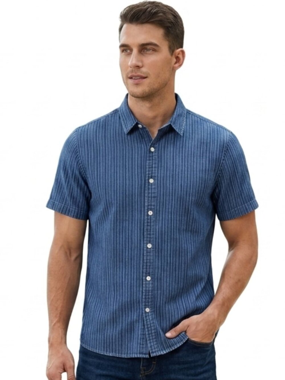 Goodfellow & Co Men’s Standard Fit Striped Short Sleeve Button-Down Blue Shirt L